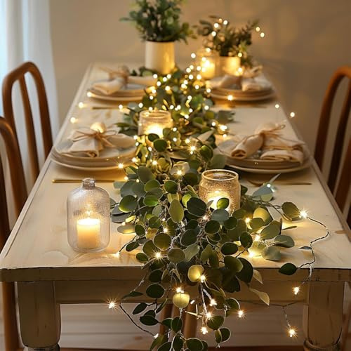 Künstliche Eukalyptus-Girlande, grüne Ranken-Girlande mit LED-Licht, 1,8 m, künstliche hängende Grünpflanze für Weihnachten, Hochzeit, Bogen, Hintergrund, Tisch, Kamin, Treppe, Innen- und Außenbereich
