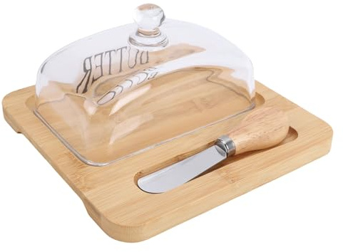 Fdit Piatto di Burro con Coperchio Trasparente per visibilità, Vetro e Custode di Burro in Legno con Taglierina in Acciaio Inossidabile, Fondo Piatto per Affettare, Controcesso o (Colore di legno)