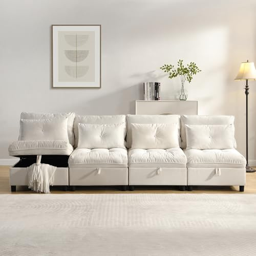 A ALFRESCOOL Modulares Sofa, Boneless Couch, Sofa mit Schlaffunktion, 4-Sitzer Trennbares Sofaset: Frei Kombinierbar| Stauraum Unter Allen| Sitzkissen| Chenille-Bezug, 274×76×87cm (Beige)