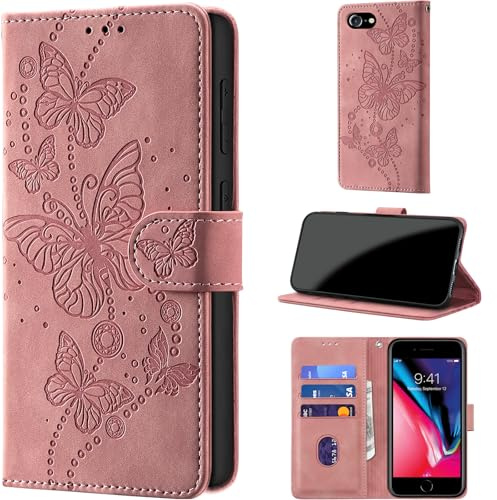 for iPhone 7 / iPhone 8 / SE2 / SE3 Wallet Case Flip, Pink | RFID Blocking, 3 Card Holder Stand, Shockproof TPU Shell, PU Leather Magnetic Closure