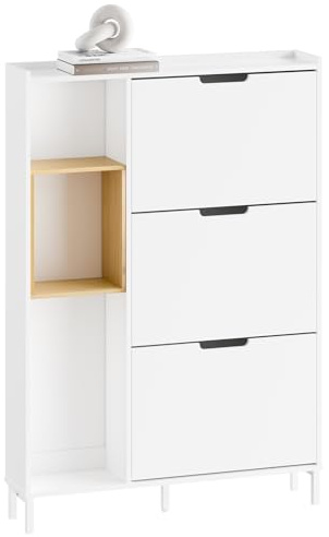 SoBuy Schuhschrank schmal mit 3 Klappen 90x129,5x19cm für Flur | Schuhkipper mit offenem Holzrahmen für bis zu 9 Paar Schuhe, MDF E1 und Bambus, Kippsicherung, weiß FSR209-WN