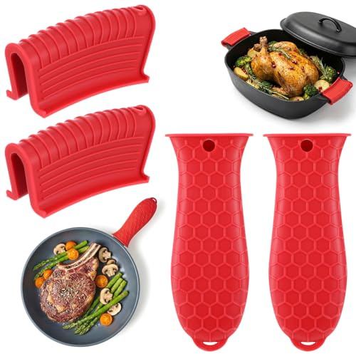Grevosea 4 Pack Silicone Pan Handle Covers, Cast Iron Handle Cover Heat Resistant Non-slip Skillet Handle Sleeve Pot Handle Covers for Frying Pans Kitchen BBQ and Baking Cookware (Red)