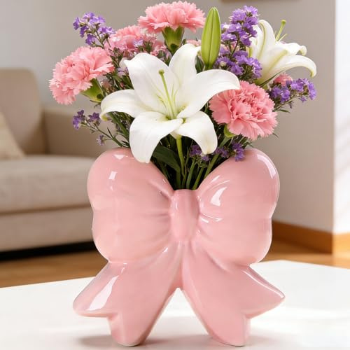 Disoza Rosa Vasen Schleife Tischdeko Keramik Modern Vase Vintage Vase für Pampasgras Blumen Trockenblumen Blumenvase Vasen für Hochzeit Porzelan Tulpenvase Küche Wohnzimmer