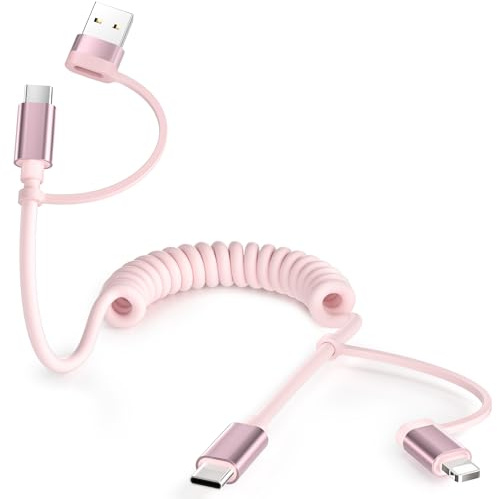 BASESAILOR Car Charger Cord Coiled 1.2M,4 in 1 USB C to USB C Cable 60W | Multi Type C Fast Charging Cable with USB and Lightning Adapter for CarPlay,Apple 15 14 13 12 Pro Max,S26 S25 S24,iPad Air 5