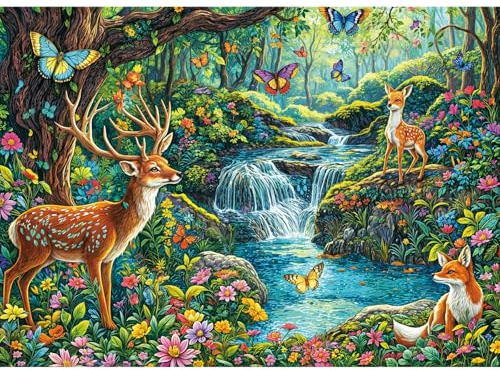 HUADADA Puzzle 1000 Teile Erwachsene -Waldhirsch im Spiegelbild Klassische Puzzles Geschenk