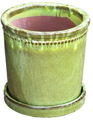 Darthome Large Green Glazed Ceramic Plant Pot With Matching Saucer, 25cm x 25cm x 25cm, Olive Green, Indoor/Outdoor, Drainage Hole Included