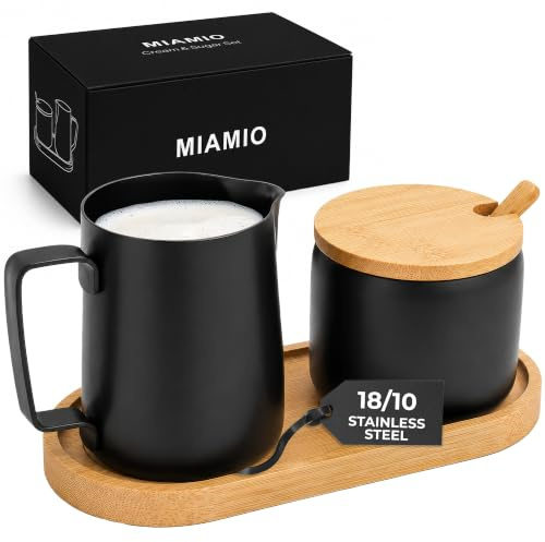 MIAMIO - Cream & Sugar Jar Set Stainless Steel with Bamboo Tray (Black) | Milk pitcher (330ml) and sugar bowl (270ml) jar set with bamboo tray and spoon for everyday coffee, tea and breakfast service