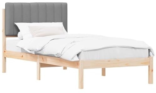 vidaXL Bettgestell mit gepolstertem Kopfteil Natürlich und Hellgrau, Moderner rechteckiger Bettrahmen, gepolsterter Kopfteil, aus massivem Kiefernholz, stylisches Möbel für Dein Schlafzimmer