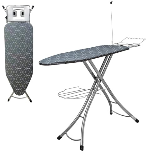 Adjustable Folding Ironing Board with Storage Shelves, Iron Rest, and Cord Holder - 7 Height Settings for Stability, Ideal for Home Use and Convenience.