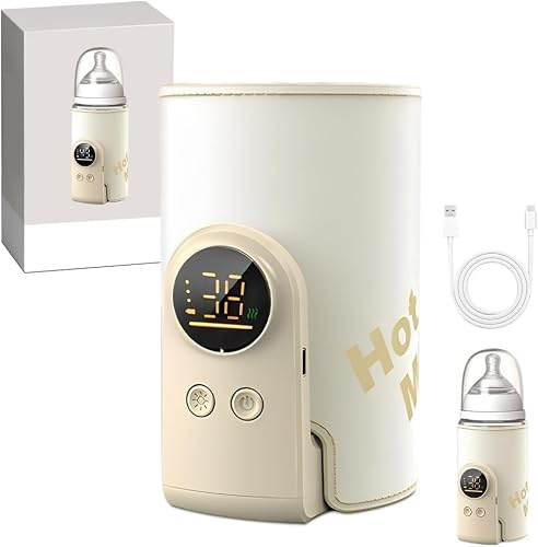 Portable Baby Bottle Warmer, Bottle Warmer for Travel, 6 Adjustable Temperatures 38-50°C, USB Charge, Milk Warmer Baby with LED Display, Portable Bottle Warmer for Home On The Go Outdoor