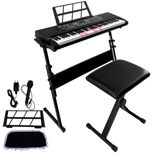 XJADQW 61 Tasten Leuchttasten Keyboard Piano für Anfänger mit Ständer | Digitalpiano mit Klavierhocker , Notenablage , Mikrofon & Anschluss . 3 Lernmodi , 200 Sounds , 70 Demo - Songs .