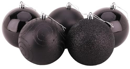 Christmas Concepts® 5er Pack - Extra große 100mm Christbaumkugeln - Glänzend, Matt & Glitterdekorierte Kugeln (Schwarz)