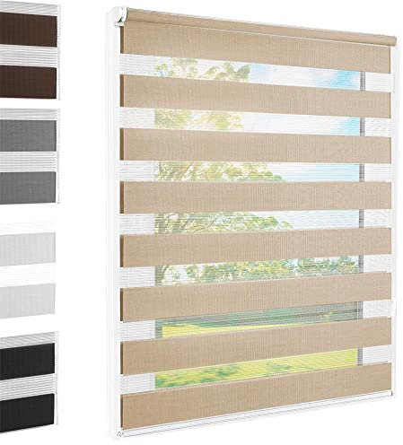 Doppelrollo Klemmfix ohne Bohren Sand 55x140 cm [Stoffbreite 51cm] Duo Rollo Fensterrollo für Fenster/Türen Gardine Klemmrollo Seitenzugrollo Sichtschutz Sonnenschutzrollo Zebrarollo