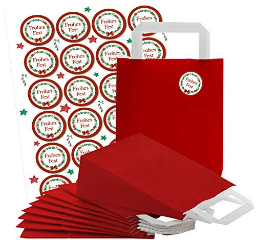 Logbuch-Verlag 24 ROTE Geschenktaschen Weihnachten FROHES FEST Aufkleber 18 x 8 x 22 cm Verpackung Geschenke Kunden Mitarbeiter Papierbeutel Papiertasche