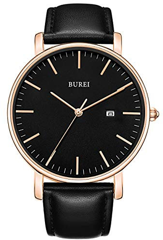BUREI Herrenuhr, Minimalistisch Analog Quarz Uhr Wasserdicht Ultradünne Herrenuhr Lederarmbanduhr, Männergeschenk.