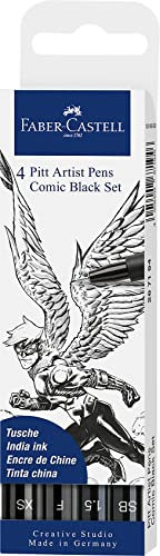 Faber-Castell 267194 - Tuschestift Pitt Artist Pen Comic, Schreibfarbe schwarz mit verschiedenen Spitzen, 4er Etui