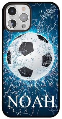 Personalised 'Blue Soccer Football with NAME ' Silicone TPU Case for all Apple IPHONES (iPhone 12/12 Pro BLACK)