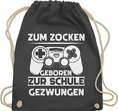 Turnbeutel Rucksack - Nerd Geschenke - Zum zocken geboren Schule gezwungen - Unisize - Dunkelgrau - zocker gamer zock juterucksäcke für geek game turnsack jungen nerds gaming gymsack geeks geming