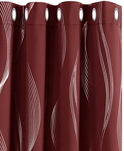 Deconovo Thermal Insulated Blackout Curtains Eyelet Curtains Silver Wave Line Foil Printed Curtains for Livingroom 52x84 Inch Red 2 Panels
