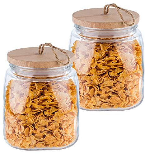 APS Vorratsglas „Woody“ 2er-Set - Hochwertiges Glasbehältnis mit Deckel aus Holz – Durch die Silikondichtung bleibt das Aroma des Inhaltes länger vorhanden – 2 Liter, Aufbewahrungsbehälter