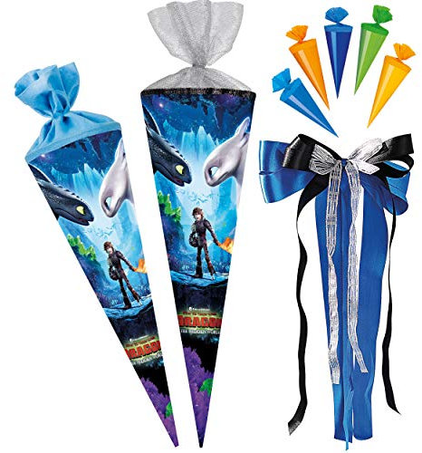 alles-meine.de GmbH Set Schultüte Größenwahl + 5 kleine Zuckertüten - Dragons - Drachenzähmen leicht gemacht - 100 cm - 12 eckig - incl. große Schleife - Tüllabschluß - Zuc..