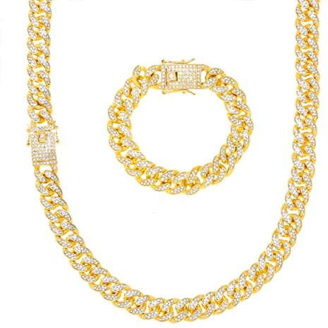 Halukakah Goldkette Iced Out für Herren Miami Kubanische Gliederkette Halsketten-Armband-Set 18K Echtgold Plattiert 40+18cm, Voller Cz-Diamantschliff-Zinkensatz, Geschenk für Ihn