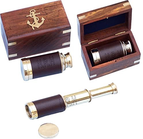 15,2 cm Handfernrohr aus Messing mit Holzbox – Piraten Navigation Spion Glas Leder Teleskop