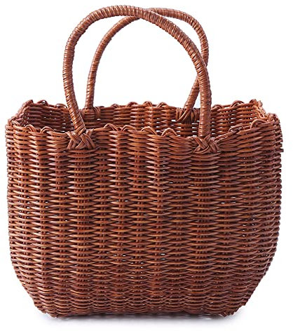 Rattanimitat Einkaufskorb Geflochtenem mit Griffen, Einkaufstasche Flechtkorb Korbtasche Handgemachter Aufbewahrungskorb Shopper Korb Tasche,Natur Strohtasche Für Das Einkaufen Camping Outdoor