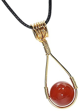 Carnelian Crystal Necklace - Handmade Wire Wrapped Healing Stone Bead Pendant - Fidget Anxiety Necklace for Women - Spinner Round Bead (Gold)