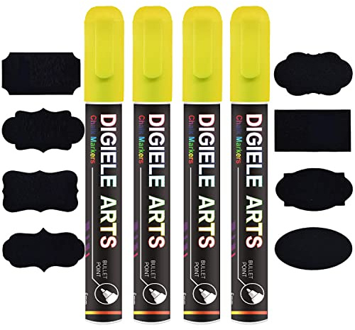 DIGIELE Kreidestift Gelb, 4 Stücke Gelb Kreidestifte 6mm + 16 Tafel Labels, Reversibel Dünne oder Mittlere Spitze, Trocken oder Feucht Abwischbare Flüssigkreide für Whiteboard, Tafel, Fenster & Glas