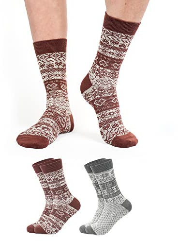 FOOTNOTE 2 Paar Winter Socken mit Wolle für Damen & Herren im Norweger Design druckfreie feine Strickung für warme und trockene Füße Größe: 36-39, 40-43