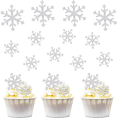Ercadio 15 Stück Schneeflocken-Cupcake-Aufsätze, Acryl, transparent, glitzernd, Schneeflocke, Cupcake-Picks, Schneeflocken, Kuchendekoration, Babyparty, Winterthema, Weihnachtsfeier, Dekoration