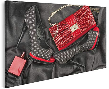 islandburner Bild auf Leinwand Rote Tasche Schuhe Parfüm Liegend Schwarzer Satin als Bilder Wandbilder Poster GDDO-1K