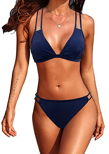 NLAND Femme Maillots de Bain Deux Pièces Bresilien Swimwear Sexy Triangle Top et de Plage Taille Basse String Bas de Bikini Bandeau Réglable Bikini(Marine,S)