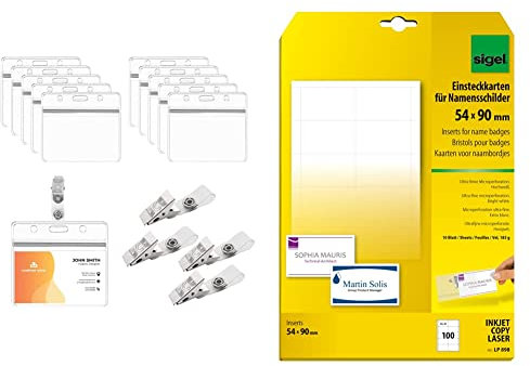 BAMZOK 50 Stück Ausweishülle mit Clip Namensschilder für Kleidung Clip Kartenhüllen Transparent & SIGEL LP898 Einsteckkarten für Namensschilder weiß, 54x90 mm (A4), 100 Stück