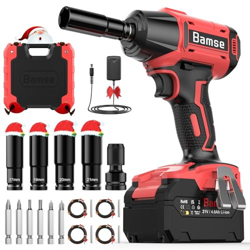 Bamse Cordless Impact Wrench Brushless, Power Impact Gun 21V, 1/2 Inch, 4.0Ah Battery, 3100RPM & Max Torque 550N.m with 4 Impact Sockets, 6 Screwdriver Bits, 1 Hex Adapter for Car (MR9901)