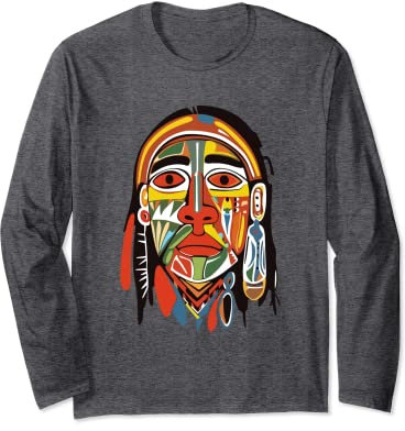 Native North American Plains Style Tribal Art Face Long Sleeve T-Shirt