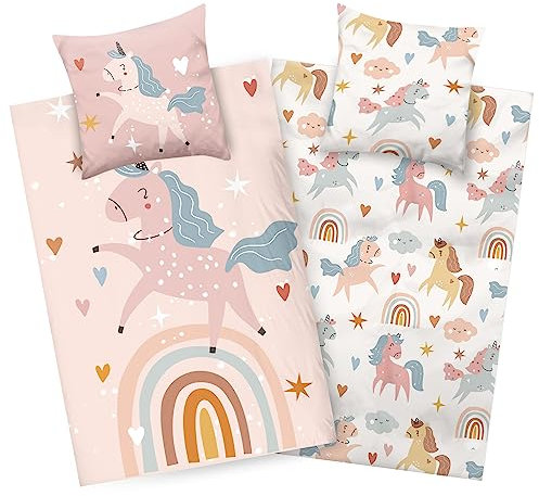 Aminata kids Bettwäsche 135x200 Kinder Mädchen Baumwolle Einhorn beige Wende-Kinder-Bettwäsche-Set Regenbogen Unicorn Pferde-Motiv Tiere Tier-Motive Einhörner
