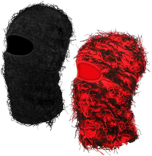 Kqpoinw 2 Stück Sturmhaube Winter, Balaclava für Damen und Herren, Distressed Sturmmaske Motorrad Yeat Ski Maske, Fuzzy Winddicht Halswärmer Beanie Cap Mütze Vollgesichtsmaske Hut, Schwarz und Rot