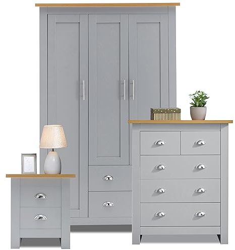 Blisswood Bedroom Set 3 Door Wardrobe & 3+2 Drawer Chest of Drawer + 2 Drawer Bedside Table Cabinet Bedroom Furniture Set for Bedroom Storage Furniture Set (Grey & Oak)