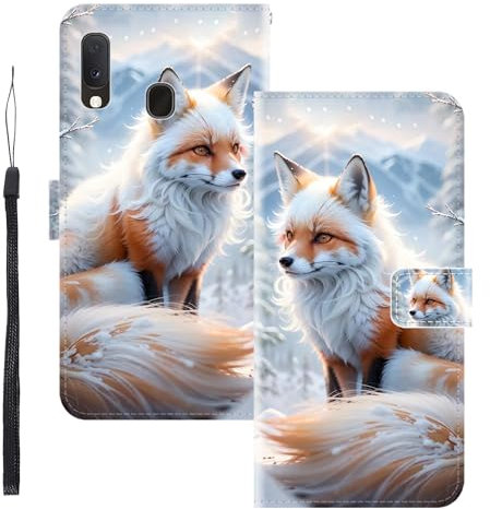WUACYEAMING für Samsung Galaxy A20e Hülle Premium PU Leder Flip Klappbare Stoßfeste Magnetische Schutzhülle Tasche mit Kartenfach Geld Slot Ständer Fuchs