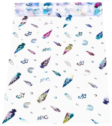 KOBOKO Tischläufer für Einschulung, Einschulung Deko, Tischband mit Zuckertüten 123 ABC Motiv Schule 275 cm x 28 cm für Einschulung Deko