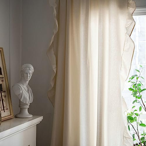 Epinki Gardine Blickdicht Vintage Ösen 150x180cm(BxH), Einfarbig mit Rüschen Beige Schlafzimmer Vorhänge Modern aus Baumwolle für Deko Wohnzimmer Schlafzimmer