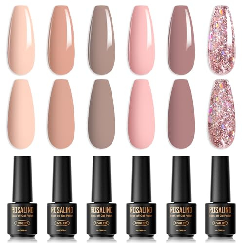 ROSALIND UV Nagellack 6 Farben Nude Rosa Glitzer Rosa | Soak Off UV LED Nude Nail Gel Polish Gellack Set für Anfänger Nail Art Salon