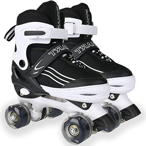 Kids Roller Skates for Girls Boys Adjustable Roller Skates with Light Up Wheels, Fun Illuminating for Girls Boys, Suitable for Both Indoor and Outdoor Use (White/Black, Small-UK 11-1)