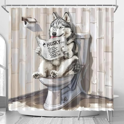 huanxiangouyue Lustiger Husky-Duschvorhang, Humor, Husky, Tier, sitzend auf der Toilette, Lesen, Zeitung, Duschvorhänge, Duschvorhang für Badezimmer, mit 12 Haken, 183 x 183 cm (B x L), Schwarz und