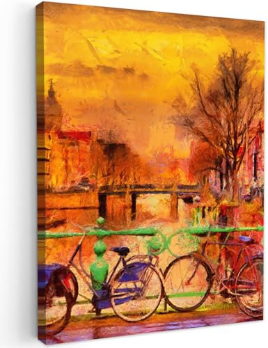 MuchoWow© Leinwände 60x80 cm Wall Decoration Bilder Schlafzimmer Deko Pictures Canvas Painting Wanddekoration Wohnzimmer Kunstdruck - Gemälde - Fahrrad - Amsterdam - Kanal - Ölgemälde