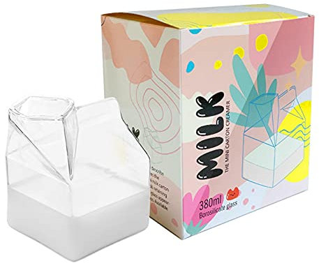 Glass Milk Carton Creamer Pitcher, Cute Clear Milk Carton Cup Creamer Pitcher Container 12 Oz