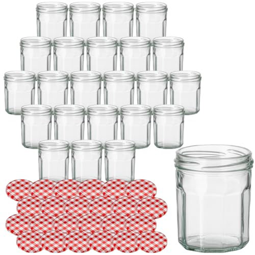 gouveo 24er Set Einmachgläser 200 ml Dekagon mit Schraubdeckel karo-rot - Zehneckige Gläser mit Twist-Off Verschluss - Kleine Vorratsgläser für Selbstgemachtes (EGD200KR)