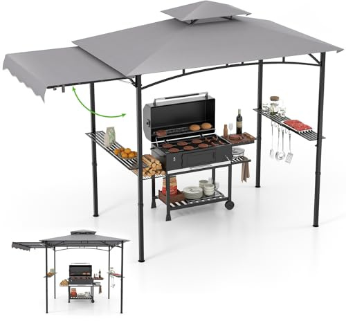 RELAX4LIFE Tonnelle Barbecue Exterieur avec Auvent Réglable | Auvent Abri Barbecue | 2 Tablettes de Service | Crochets | Ouvre-Bouteille | Tonnelle de Jardin Exterieur pour Terrasse Patio